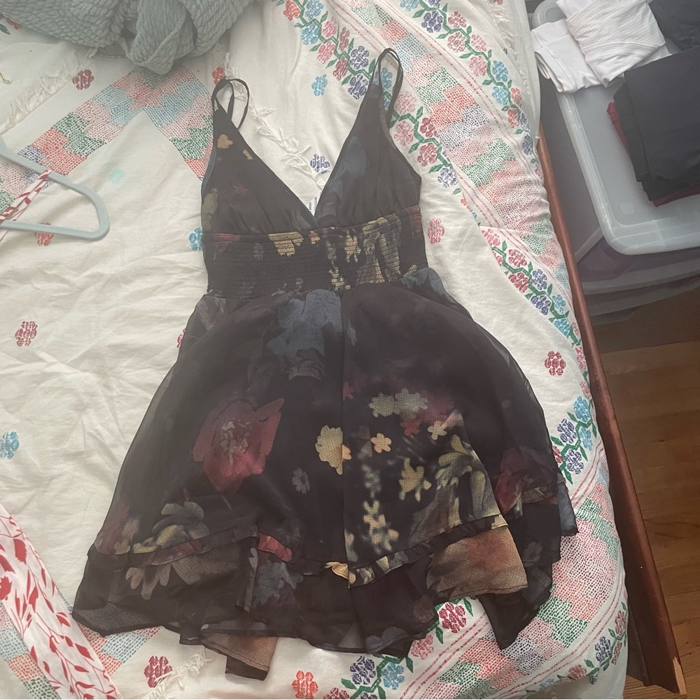 Black floral handkerchief hem dress NWT